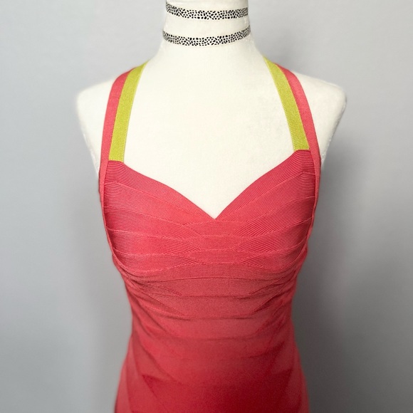 🎉 SALE Herve Leger Bandage Mini Dress Peach Blush Orange and Yellow - Picture 4 of 8